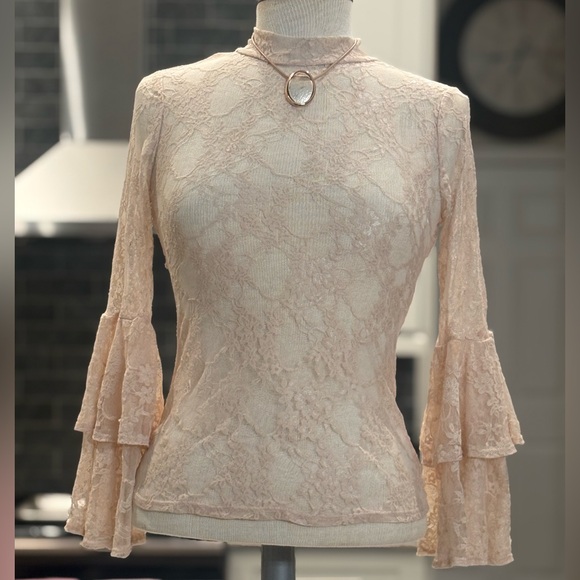 Tops - Easter Lace Bell-Sleeve Mock Neck Blouse BlushPink Same Day Shipping Size Small